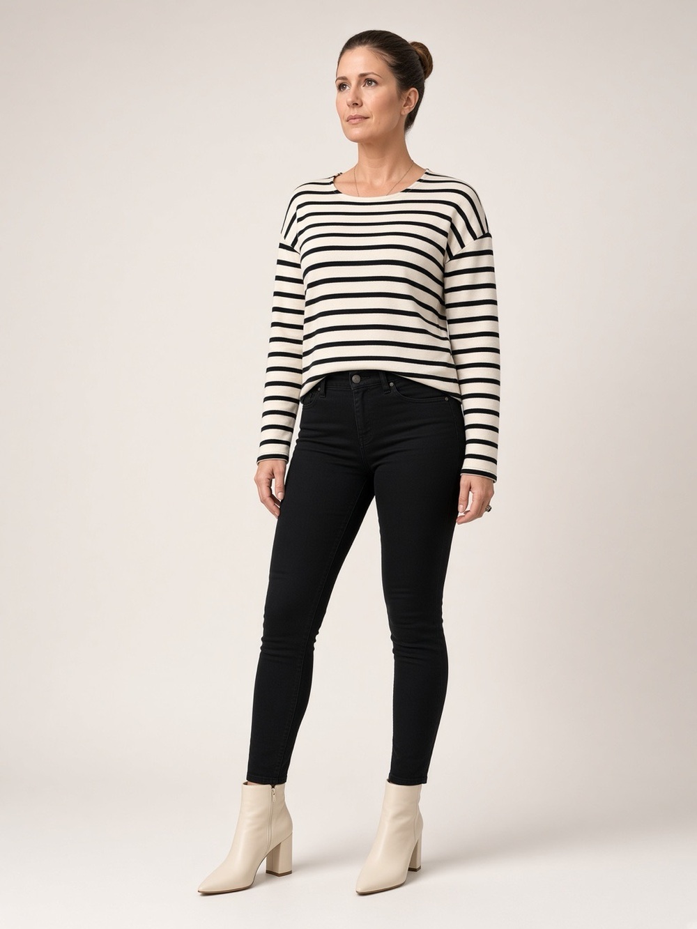 Ann Taylor Cream and Black Striped Crewneck Sweater